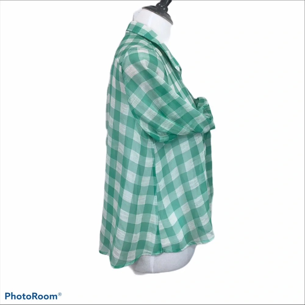 Free People green gingham sheer hi lo button up collared shirt